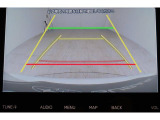 ■リヤビューカメラの映像です。ステアリング連動ガイドラインが、後退時の予想進路を表示し、運転のサポートを致します。