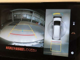 車の全周囲の画像が表示されます。運転席から見づらい個所なども、上空から見たような映像で確認できます。映像のきりかえも出来、後方確認だけでなく大変便利な機能です。
