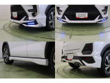 艶消し金属調塗装がシャープさを、LEDが華やかさをプラスするフロントスポイラー。キレのあるラインのサイドスカート。コーナーの牙形状の立体がアグレッシブなリヤスポイラー。マフラーカッターも装着しています