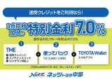 「TME」+「使ってバック」+「TOYOTA Wallet」の3点をセットにした特別金利プランです。通常金利8.5%のところ、特別金利7.0%にてご提供。