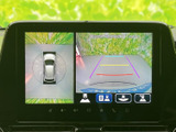 画面には車両周囲を俯瞰した表示と後方映像が並び、ガイド線も確認できます。駐車や狭い場所での切り返し時に周囲を把握しやすく、画面下のアイコンで表示を選びやすい構成です。
