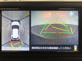 【パノラミックビューモニター】クルマの前後左右に搭載したカメラから取り込んだ画像を合成し、車両を上から見たような画像をディスプレイに表示します。